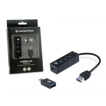 USB centrmezgls Conceptronic HUBBIES 4 portu USB 3.0 ar USB-C OTG adapteri