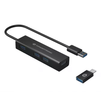 Conceptronic 4-portu USB 3.0 alumīnija centrmezgls ar USB-C uz USB-A adapteri HUBBIES06B