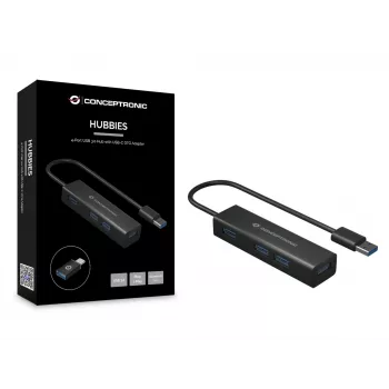 Conceptronic 4-portu USB 3.0 alumīnija centrmezgls ar USB-C uz USB-A adapteri HUBBIES06B