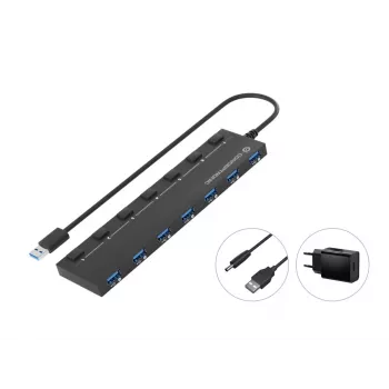 Conceptronic HUBBIES19BP 7-Portu USB 3.0 Centrmezgls ar Barošanas Avotu, 90cm Kabelis, Individuālie Slēdži, USB 3.2 Gen 1