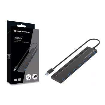 Conceptronic HUBBIES19BP 7-Portu USB 3.0 Centrmezgls ar Barošanas Avotu, 90cm Kabelis, Individuālie Slēdži, USB 3.2 Gen 1