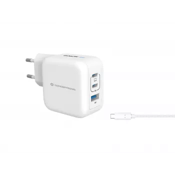Conceptronic 3-Portu 67W GaN USB PD Lādētājs ar USB-C Lādēšanas Kabeli, USB-C x 2, USB-A x 1, QC 3.0, PPS