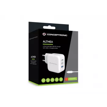 Conceptronic 3-Portu 67W GaN USB PD Lādētājs ar USB-C Lādēšanas Kabeli, USB-C x 2, USB-A x 1, QC 3.0, PPS