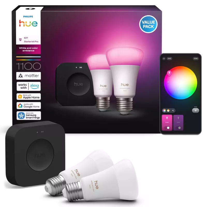 Philips Hue White and Colour Ambiance sākuma komplekts, Hue Bridge Pro + 2 x E27 A60 LED spuldzes, Bluetooth/Zigbee, 1100 lm