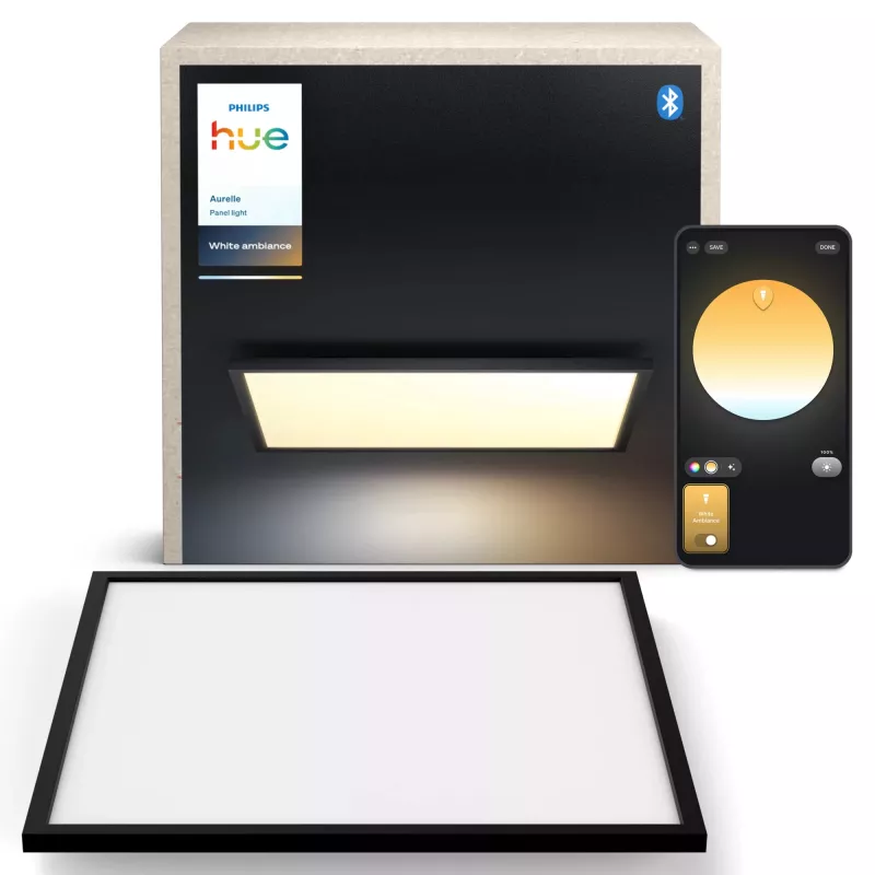 Philips Hue Aurelle Square Panel 600×600 mm viedie griestu gaismeklis, Bluetooth, 220–240V, 48 mm dziļums, melns/balts