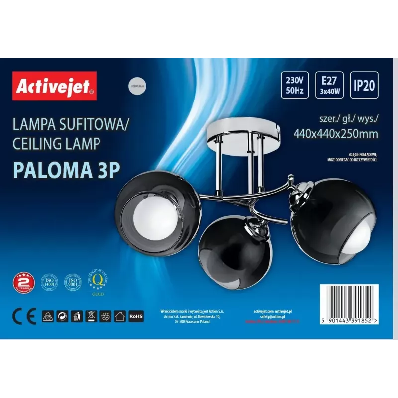 Activejet AJE-PALOMA 3P piekarināmā lampa, E27, 3×40 W