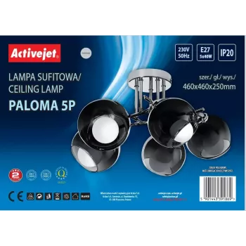Piekaramā lampa ActiveJet AJE-PALOMA 5P, 5×E27 40W, sudraba rāmis, melns stikls, IP20, 460×250×460 mm