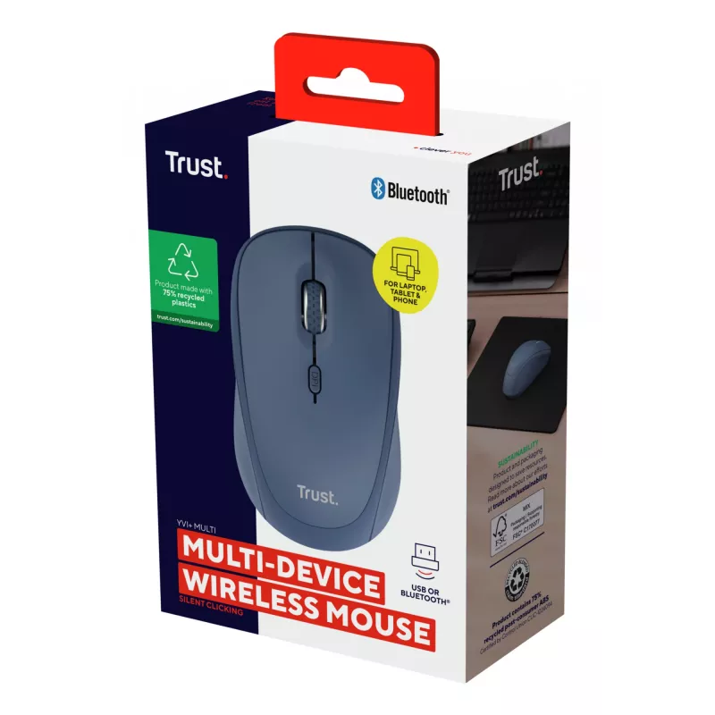 Trust Yvi+ pele Universāla Ambidekstrāla RF Bezvadu + Bluetooth Optiskā 1600 DPI
