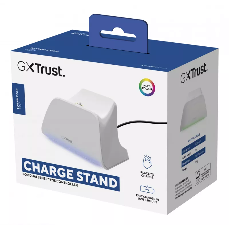 Uzlādes stacija TRUST GXT255W PS5 DualSense divu kontrolleru uzlādei, balta