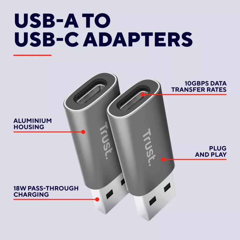 Trust Calyx USB-A uz USB-C adapteris (2 gab.) pelēks