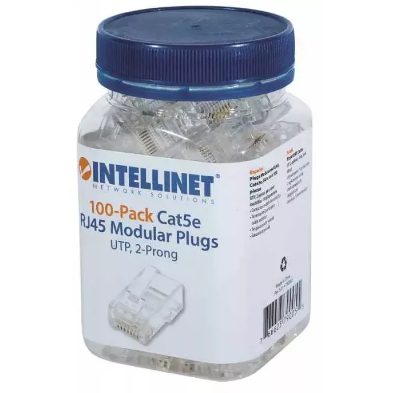 Intellinet RJ45 modulārie spraudņi, Cat5e, UTP, 2-zaru, savītai stieplei, 15 µ apzeltīti kontakti, 100 iepakojumā