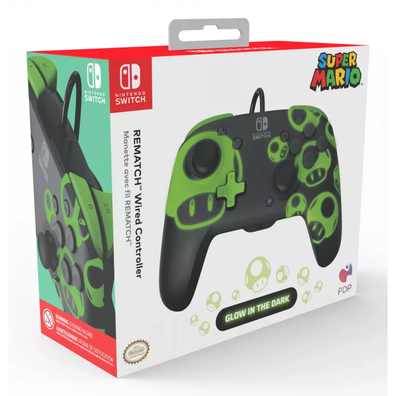 Spēļu kontrolieris PDP REMATCH Wired Controller 1-Up Glow in the Dark Nintendo Switch, USB, 3m kabelis, D-pad, Home poga, Melns/Zaļš