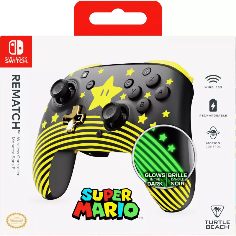 Turtle Beach Rematch Super Mario Star TBC-8101-75 bezvadu spēļu kontrolieris Nintendo Switch / Switch Lite, melns/dzeltens