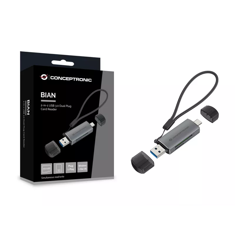 Conceptronic BIAN05G 2-in-1 USB 3.0 divu spraudņu karšu lasītājs, SD/MicroSD 3.0, UHS-I