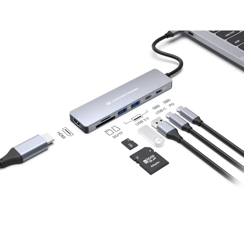 Conceptronic DONN28G 7-in-1 USB 3.2 Gen 1 Docking Station, 4K60Hz HDMI, USB-A 5Gbps x 2, USB-C 5Gbps, SD, TF/MicroSD, 100W USB PD