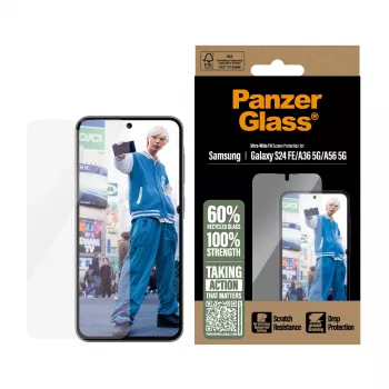 Rūdīta stikla ekrāna aizsargs PanzerGlass Samsung Galaxy S24 FE / A36 / A56 — Pilna pārklājuma, skrāpējumu un triecienu aizsardzība