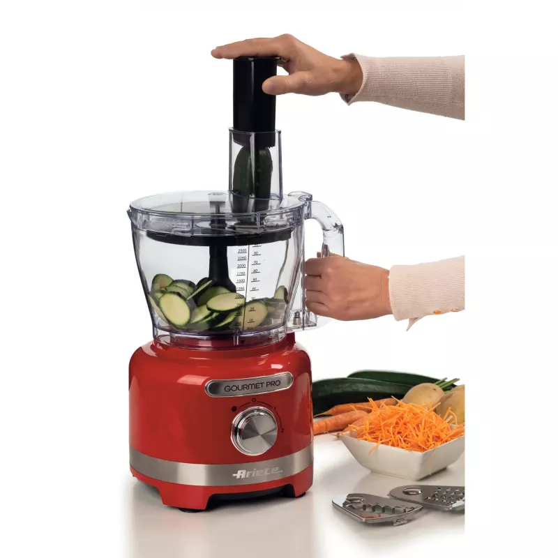 Ariete 1782 Gourmet Pro Moderna virtuves kombains, 3L smalcinātājs, 2L blenderis, 2 ātrumi + Pulse, asmeņu komplekts + nerūsējošā tērauda disks, sulu spiede, sarkans