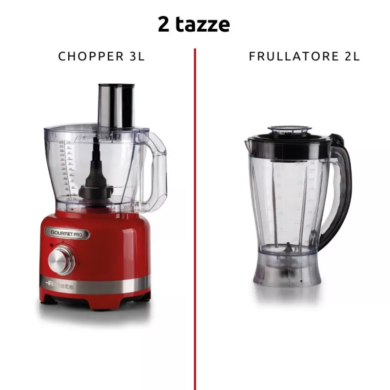 Ariete 1782 Gourmet Pro Moderna virtuves kombains, 3L smalcinātājs, 2L blenderis, 2 ātrumi + Pulse, asmeņu komplekts + nerūsējošā tērauda disks, sulu spiede, sarkans