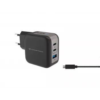 Conceptronic 3 portu 67W GaN USB PD lādētājs ar USB-C uzlādes kabeli, USB-C x 2, USB-A x 1, QC 3.0, PPS