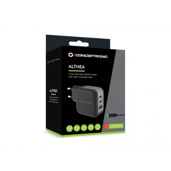 Conceptronic 3 portu 67W GaN USB PD lādētājs ar USB-C uzlādes kabeli, USB-C x 2, USB-A x 1, QC 3.0, PPS