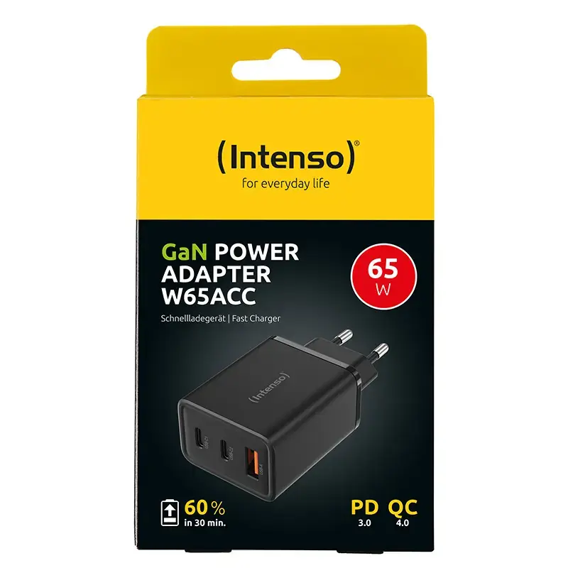 Strāvas adapteris Intenso W65ACC ar USB-C un USB-A portiem, melns