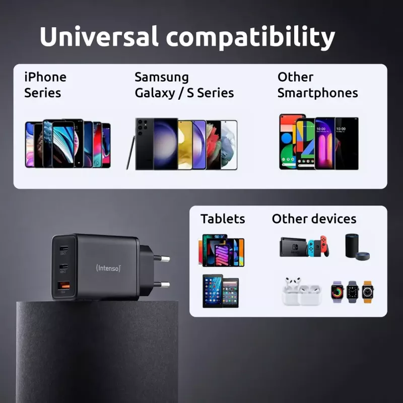 Strāvas adapteris Intenso W65ACC ar USB-C un USB-A portiem, melns