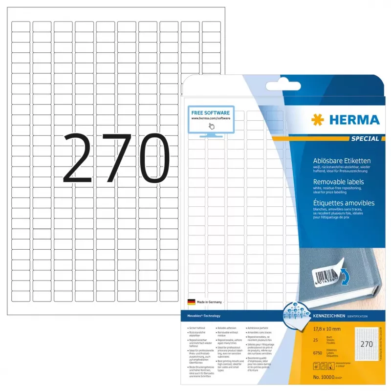 Pašlīmējošās printera etiķetes HERMA Noņemamās etiķetes A4 17,8x10 mm