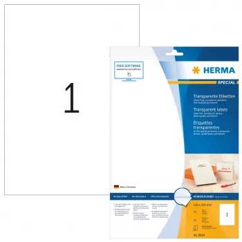 HERMA A4 210x297 mm spīdīgas caurspīdīgas tintes printera plēves uzlīmes, 10 loksnes