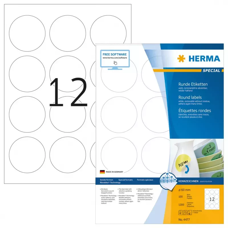 Pašlīmējošas printera etiķetes HERMA Noņemamās etiķetes A4 Ø 60 mm