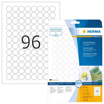 Pašlīmējošas etiķetes HERMA Removable A4 Ø 20 mm apaļas baltas