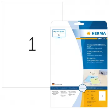 Pašlīmējoša caurspīdīga matēta plēve etiķete HERMA Labels A4 210x297 mm, 25 loksnes