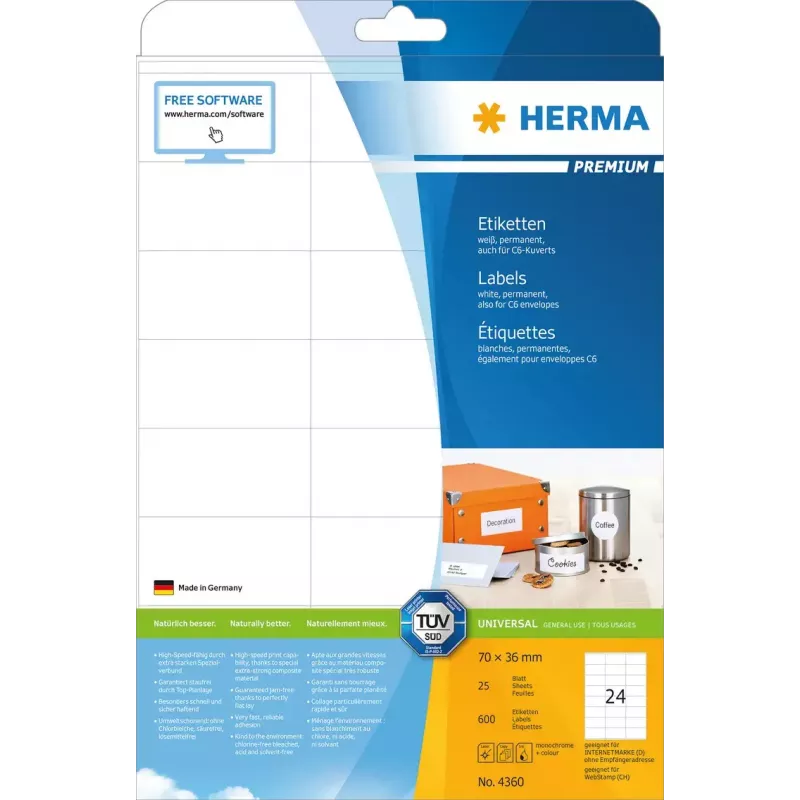 Pašlīmējošas printera uzlīmes HERMA Labels Premium A4 70x36 mm