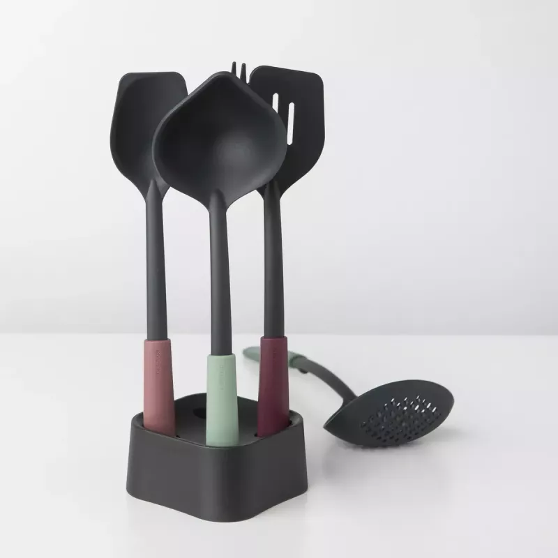 Brabantia Tasty+ 5-detaļu virtuves rīku komplekts (melns, zaļš, sarkans), karstumizturīgs līdz 220°C