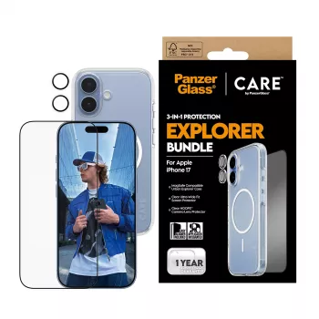 PanzerGlass CARE 3-in-1 Flagship Explorer Bundle iPhone 17 – triecienizturīgs aizsargstikls, kameras aizsargi un maciņš