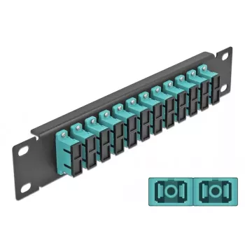 Šķiedru optikas sadales panelis DeLOCK 10 collu 12 portu SC Duplex aqua 1U melns