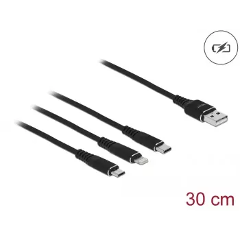 USB lādēšanas kabelis DELOCK 3 in 1 Type-A uz Lightning, Micro USB, USB Type-C 30 cm melns