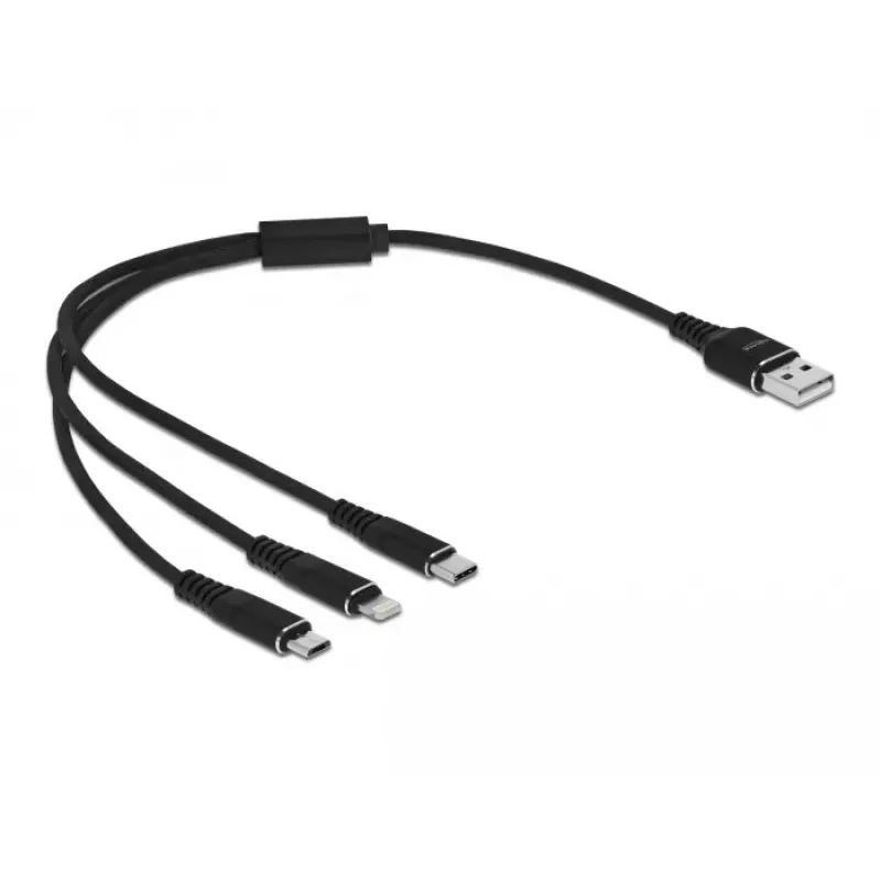 USB lādēšanas kabelis DELOCK 3 in 1 Type-A uz Lightning, Micro USB, USB Type-C 30 cm melns