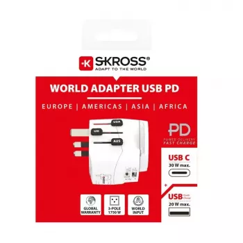 Ceļojumu adapteris Skross 61663 universāls balts 100-250V 2.4A USB