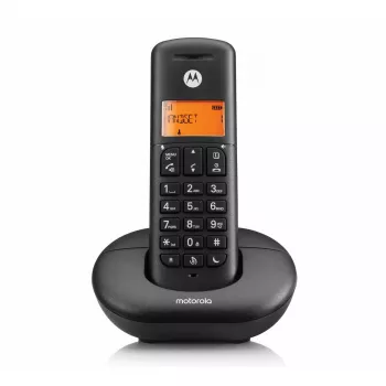 Bezvadu DECT telefons MOTOROLA E201 — klausule ar brīvroku režīmu, līdz 50 reģistrācijām