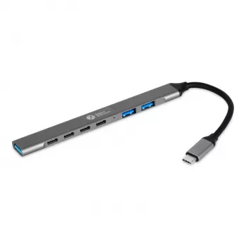 USB-C Hub 7-in-1 BakkerElkhuizen BNECHUB3A4C — 7 porti (USB 3.2 Gen1 A, USB 3.2 Gen1 C, USB 2.0), alumīnija korpuss, pelēks/melns