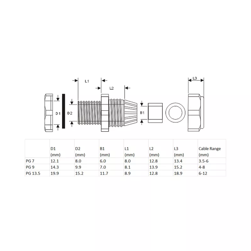 InLine 44010B kabeļu ievads PG 7, IP68, 3,5–6 mm, neilons ar neoprēna blīvi, melns, 10 gab.