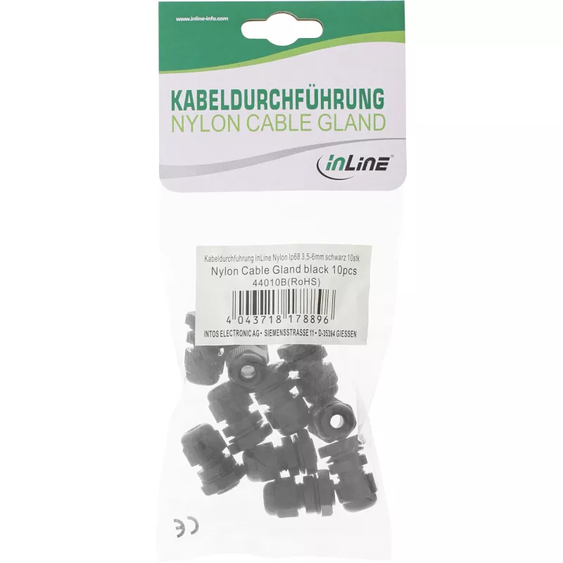 InLine 44010B kabeļu ievads PG 7, IP68, 3,5–6 mm, neilons ar neoprēna blīvi, melns, 10 gab.