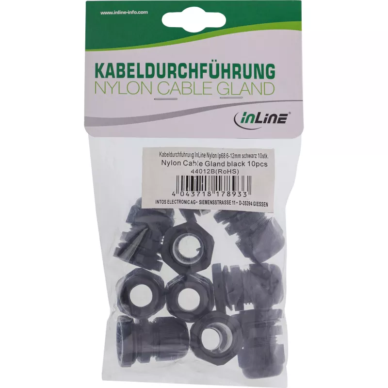 Kabeļa blīvslēgs InLine 44012B neilons IP68 kabeļiem Ø6–12 mm, melns, iepakojums 10 gab.