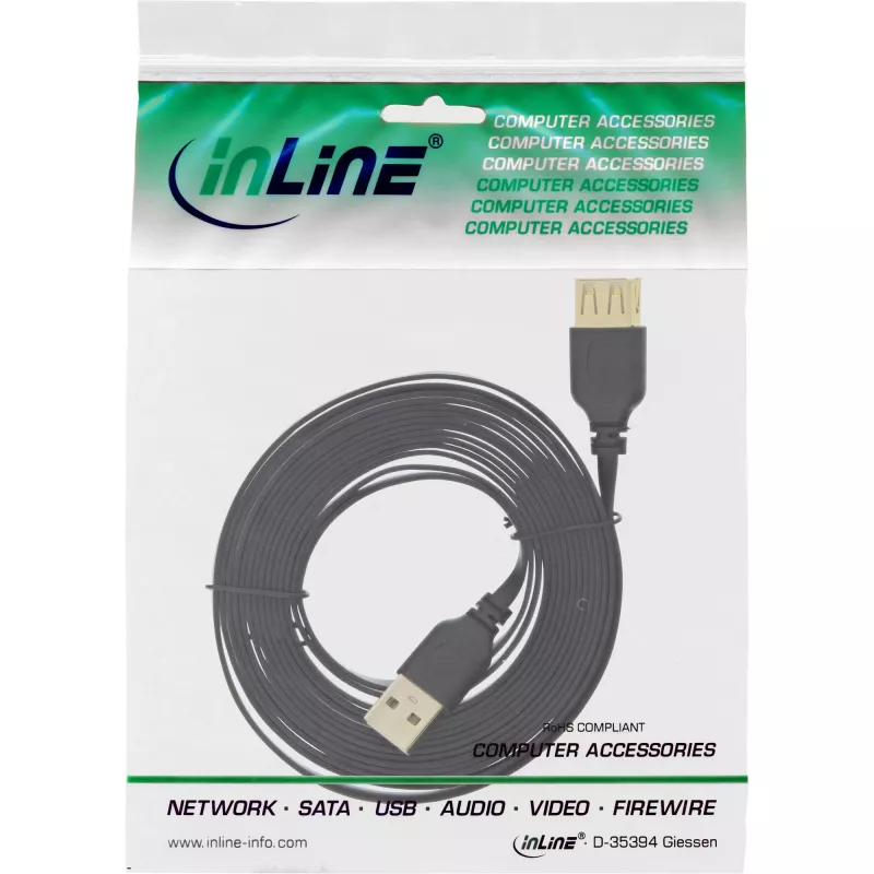 InLine USB 2.0 plakanais pagarinātājkabelis A tipa tēviņš/mātīte, apzeltīti kontakti, melns, 1 m