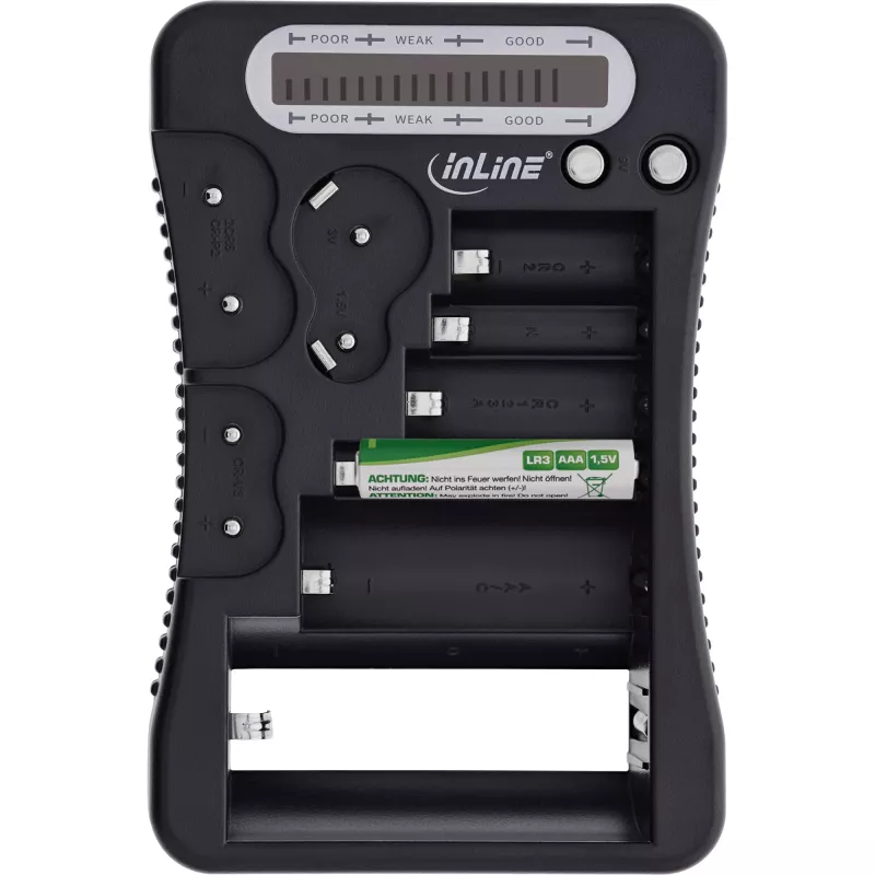 Bateriju testeris InLine 01285 ar LCD displeju apaļajām un pulksteņa baterijām