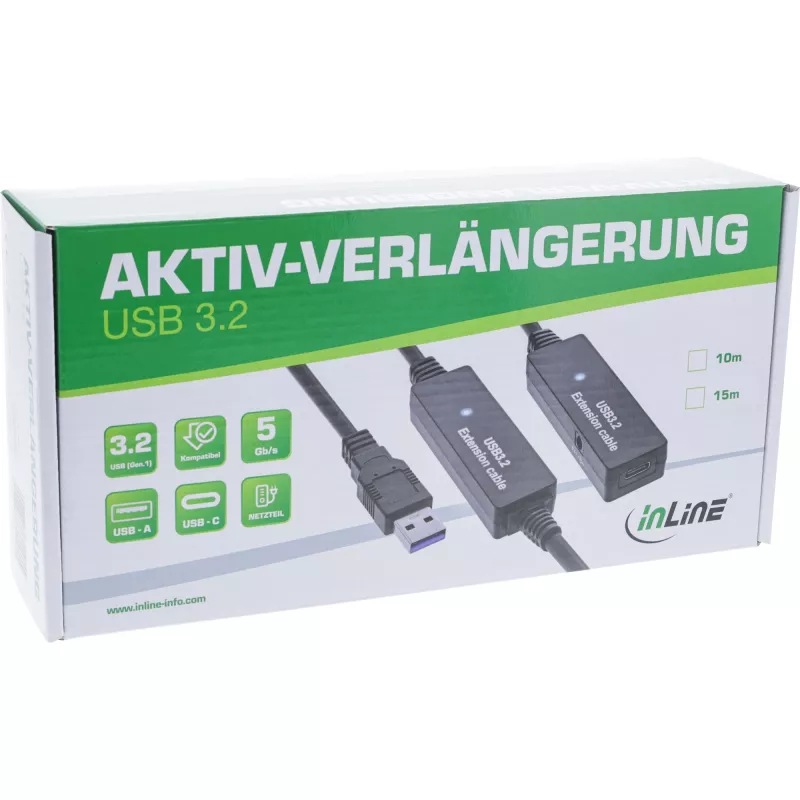 InLine USB 3.2 Gen.1 aktīvais pagarinātājs, USB-A vīriešu uz USB-C sieviešu, 10 m