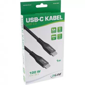 InLine USB 2.0 kabelis, USB-C vīriešu/vīriešu 100W ātrās uzlādes kabelis, 1m