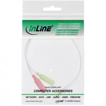 InLine Audio Adaptera kabelis austiņām 3.5 mm vīrišķais 4 kontaktu / 2x 3.5 mm, balts, 0.15 m