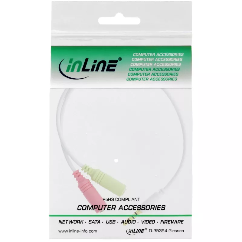InLine Audio Adaptera kabelis austiņām 3.5 mm vīrišķais 4 kontaktu / 2x 3.5 mm, balts, 0.15 m