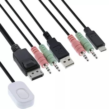 InLine KVM slēdzis, 2 porti, USB-C+DP uz DisplayPort, 4K, audio, integrēti kabeļi